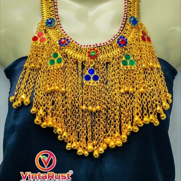 Golden Massive Choker Necklace- Afghan Kuchi Choker Necklace With Long Bells-